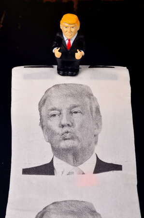 Riga, Latvia - January 07, 2021: Small Donald Trump figure with pants down standing on toilet paper with a picture of Trumpのeditorial素材