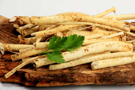 Cut Horseradish roots (Armoracia rusticana taproot) on rustic wooden board. Fresh horseradish.の写真素材