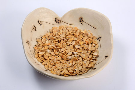 Dried organic pumpkin seeds in a light clay bowl, freshly dried Pumpkin seedsの写真素材