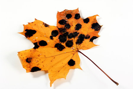 Yellow Maple leaves with black and white spots. Fungal disease or tar spot on maple leaf caused by Rhhytisma acerinum fungusの写真素材