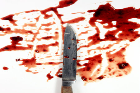 Real Red blood and knife on white background, Knife in bloodの写真素材