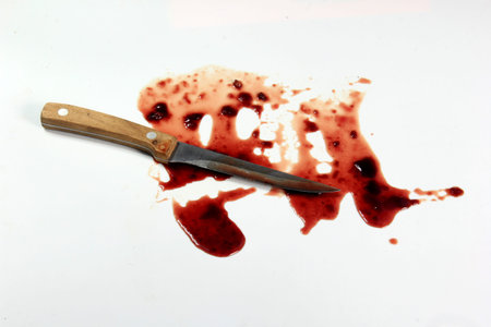Real Red blood and knife on white background, Knife in blood