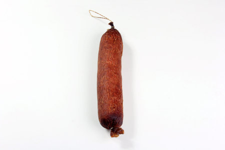Homemade sausage on a white background, Hunting meat productsの写真素材