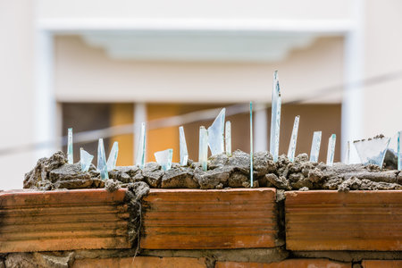 Broken glass cemented on top of barbed wire wall.