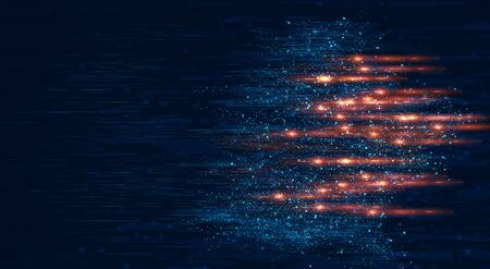 Digital background of blue particles and bright light moving in the space.の写真素材