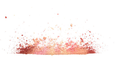Samples of dry blush, powder, bronzers and highlighter scattered in a line isolated on a white backgroundの写真素材