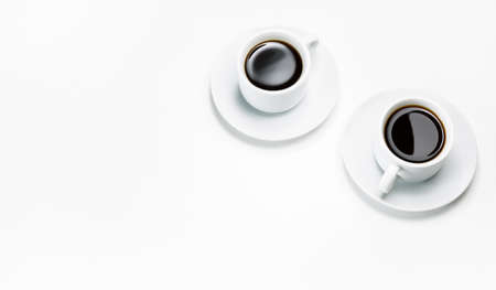 two cups of coffee isolated on white, top viewの写真素材