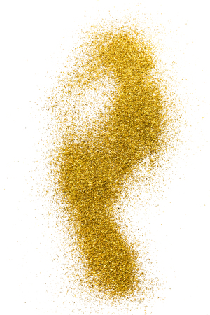 Footprint of gold glitter. Isolated on white backgroundの写真素材