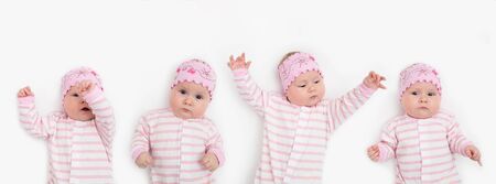 set of portrait of adorable 3 months old baby girl with funny expression wearing headbandの写真素材