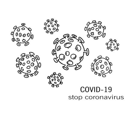 Vector drawing of outline human Coronavirus virion in black isolated on white background. New strain of Coronavirus 2019-nCov for health and medicinal design in contour style.のイラスト素材