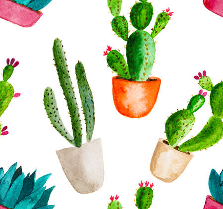 Seamless pattern of high quality hand painted watercolor elements for your design with succulent plants, cactus and more.の写真素材