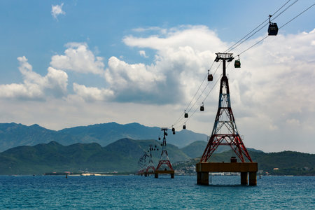 One of the worlds longest cable car over sea leading to Vinpearl Amusement Park, Nha Trang, Vietnam.