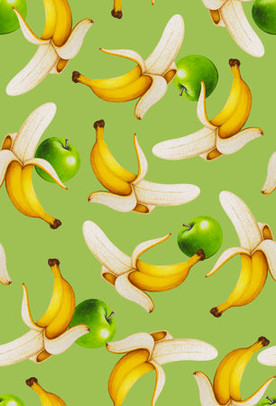 Seamless pattern with fruits. Tropical abstract background. Banana and apple on white background.