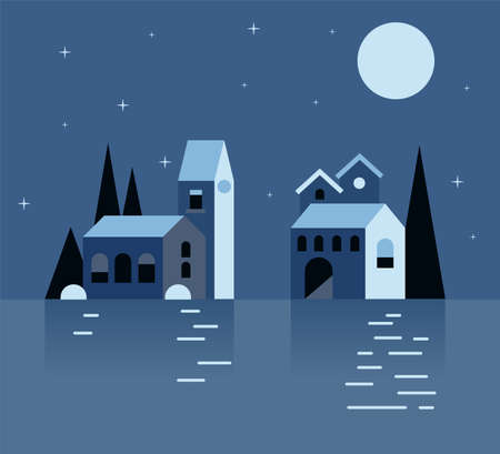 vector illustration of night landscape, small village, farm on the bank of the abstract sea.のイラスト素材