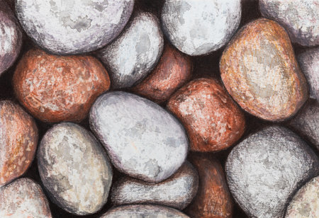 Natural background of stones on the beach, pebbles. Hand-drawn illustration with colored pencilsの写真素材