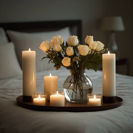 Glass Vase Adorned with Candles Gracing the Bedroom Bed.  AI generated.の素材