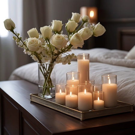 Glass Vase Adorned with Candles Gracing the Bedroom Bed.  AI generated.の素材