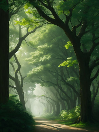 In the background, majestic trees with branches reaching towards the sky create a canopy that provides both shade and a sense of tranquility.の素材