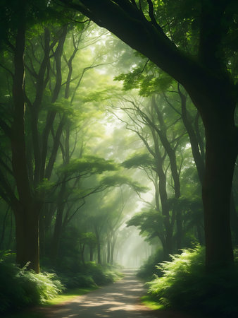 Majestic trees with branches reaching towards the sky create a canopy that provides both shade and a sense of tranquility.の素材