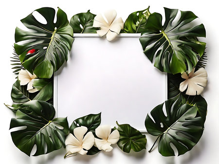 Floral picture frame of monstered tropical leaves on white background.の素材