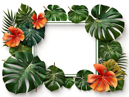 Floral picture frame of monstered tropical leaves on white background.の素材