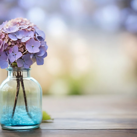 Small dried hydrangea flower in glass bottle with bokeh background.の素材