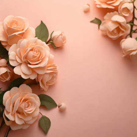 Beautiful roses on color background, top view. Space for textの素材