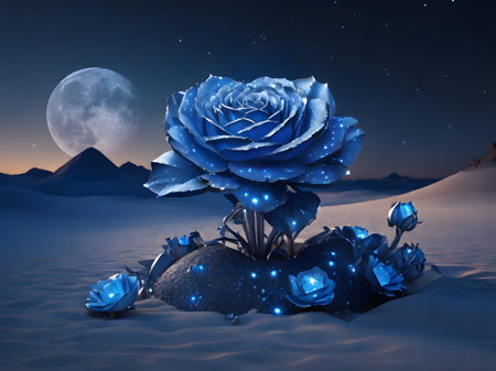 3D rendering of a blue rose in the desert under the moonlightの素材