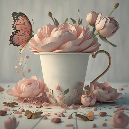 Bouquet of pink peonies in a cup on a white wooden backgroundの素材