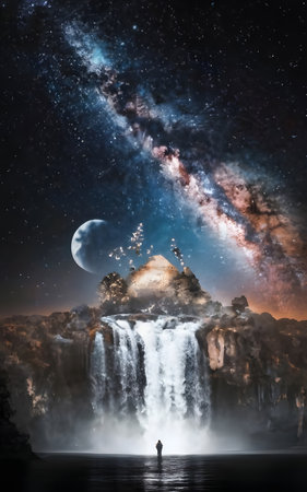 Fantasy landscape with waterfall, moon and starry sky. Mixed mediaの素材