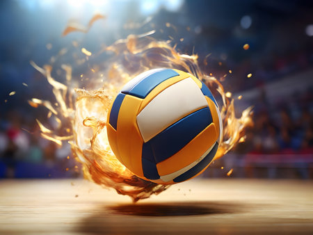 Volleyball ball in fire on a blurry background. 3d renderingの素材