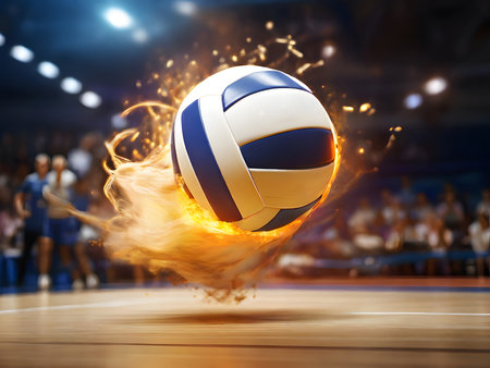 Volleyball ball flying high in the air with a lot of smokeの素材