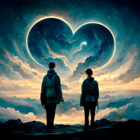 Hiker couple with backpacks looking at the heart in the skyの素材