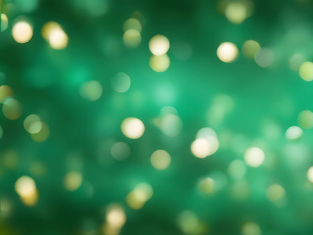 Abstract blur bokeh banner background. Gold bokeh on defocused emerald green backgroundの素材