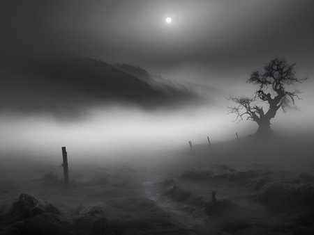 Foggy landscape with a tree in the foreground and a full moonの素材