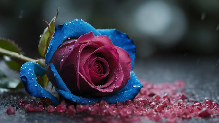 Beautiful pink rose with drops of water on black stone surface.の素材