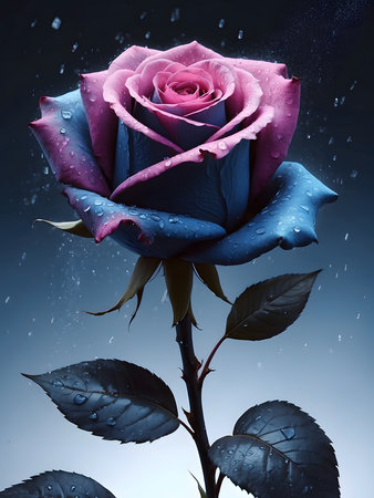Beautiful pink rose with water drops on a dark blue background.の素材