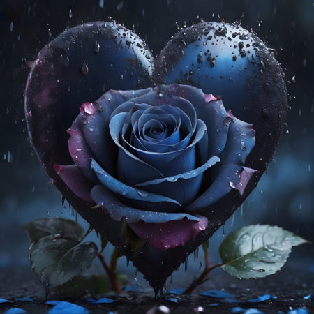 Dark blue rose in a heart shape on a dark background with rain dropsの素材