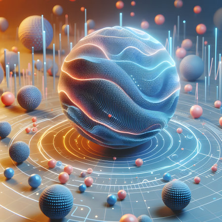 3d render of abstract sphere with particles and lines on blue backgroundの素材