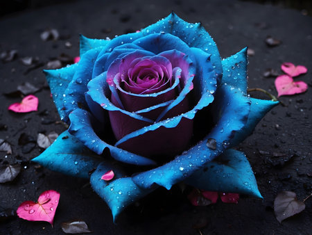 Beautiful blue rose with drops of water on black background, closeupの素材