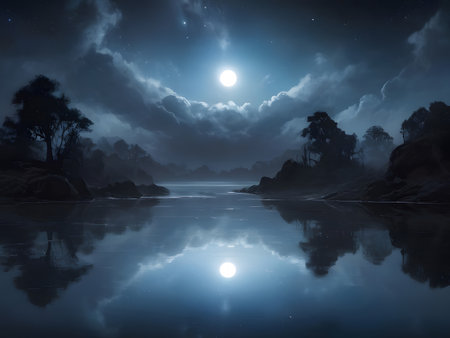 Fantasy landscape with river and moon in the night. 3d renderingの素材