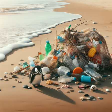 Penguin and plastic waste on the beach. Concept of environmental pollution.の素材