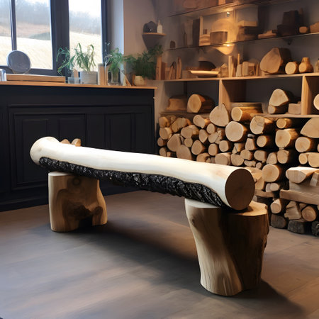 Wooden bench in the interior of a country house with firewoodの素材