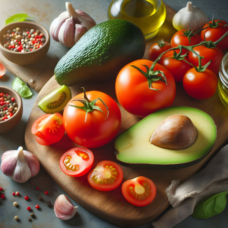 Fresh ingredients for vegetable salad: tomatoes, avocado, garlic, pepper and oil on rustic backgroundの素材