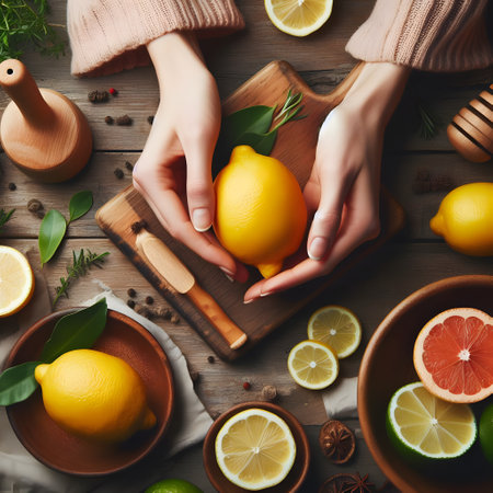 Top view of female hands holding fresh lemons, grapefruits and herbs on wooden table.の素材