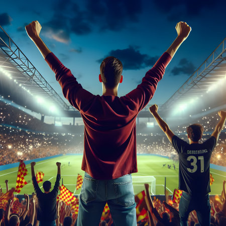 Rear view of excited football fan cheering with raised arms at stadiumの素材