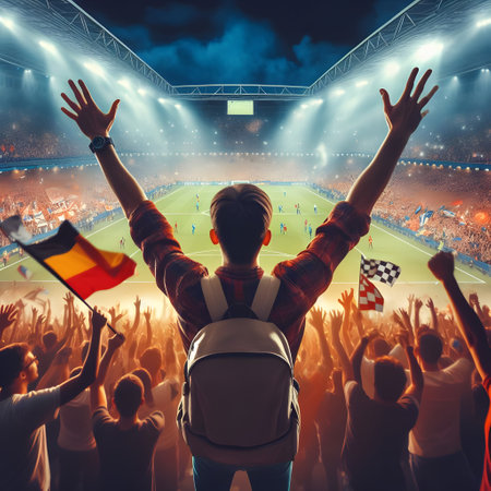 Football fan with raised hands on the background of the stadium at nightの素材