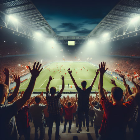 Football fans at the stadium cheering for their favorite team with raised handsの素材