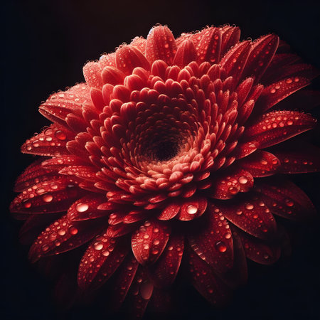 Beautiful red gerbera flower with water drops on black backgroundの素材