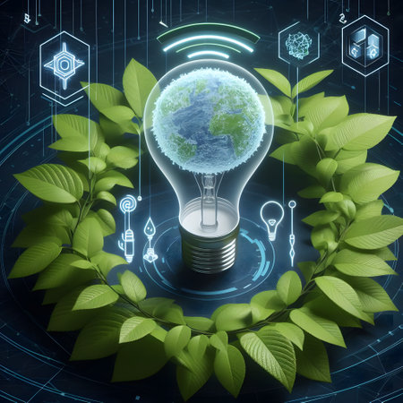 Glowing lightbulb with planet earth inside surrounded by green leavesの素材